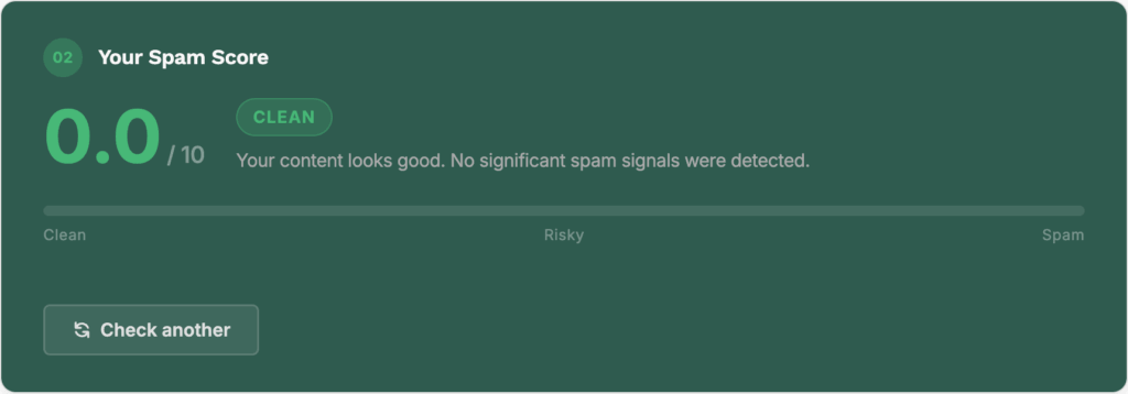 Email spam score checker showing a safe result.
