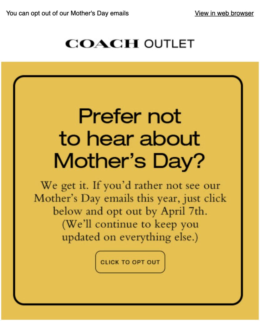 Coach Outlet mother's day email personalization example opt out