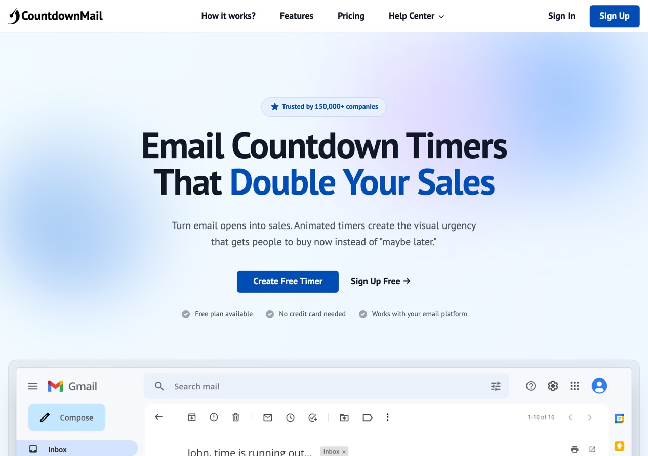 CountdownMail's homepage, pitching email countdown timers with a free plan and no credit card