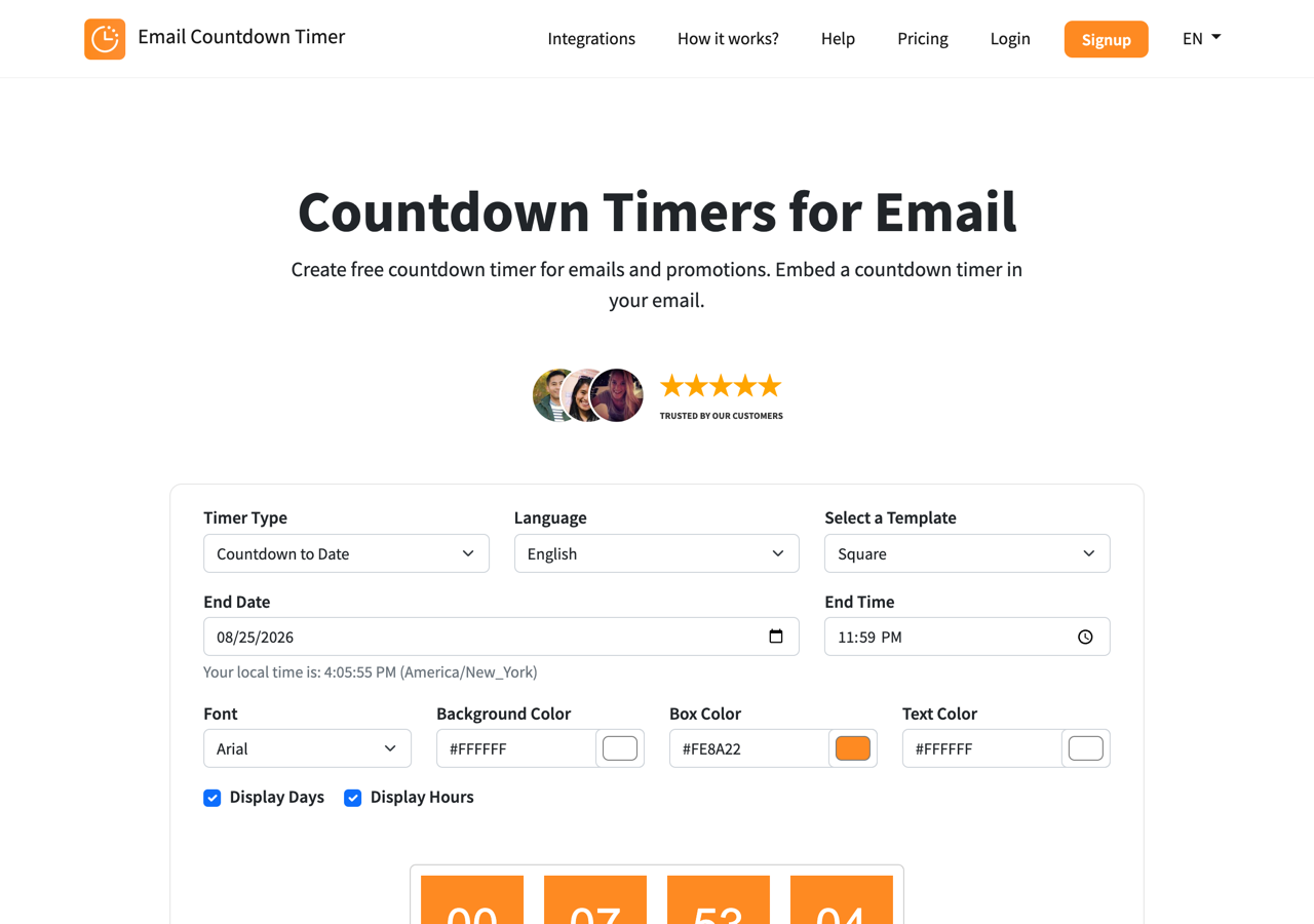 EmailCountdownTimer.com's on-page editor, with timer type, template, colors and a live preview
