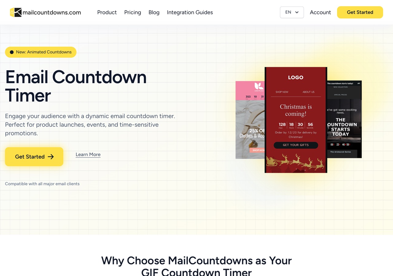 MailCountdowns' homepage, showing sample email countdown timer designs