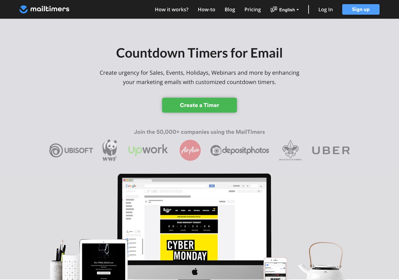 MailTimers' homepage, countdown timers for email with an on-page timer generator