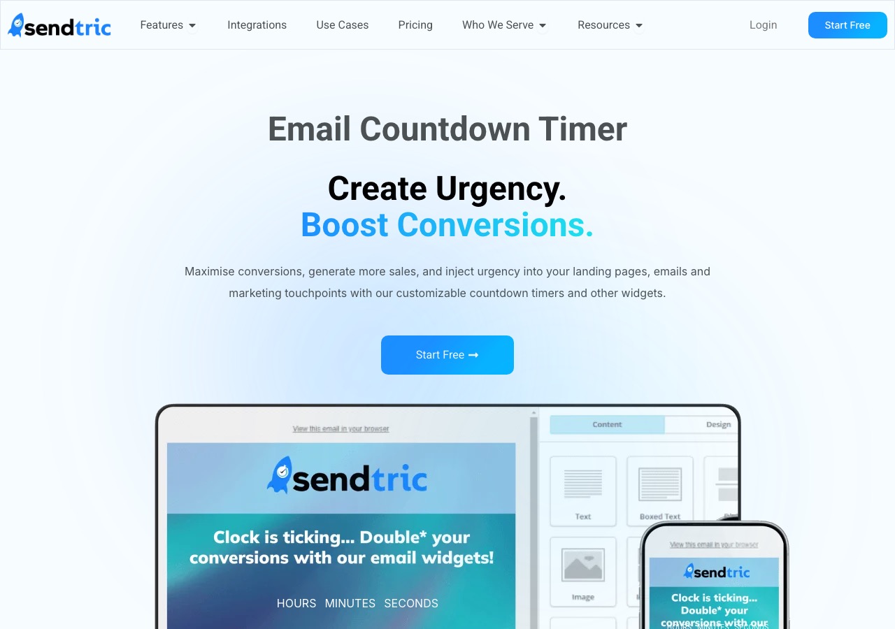 Sendtric's homepage, pitching customizable email countdown timers with a free plan