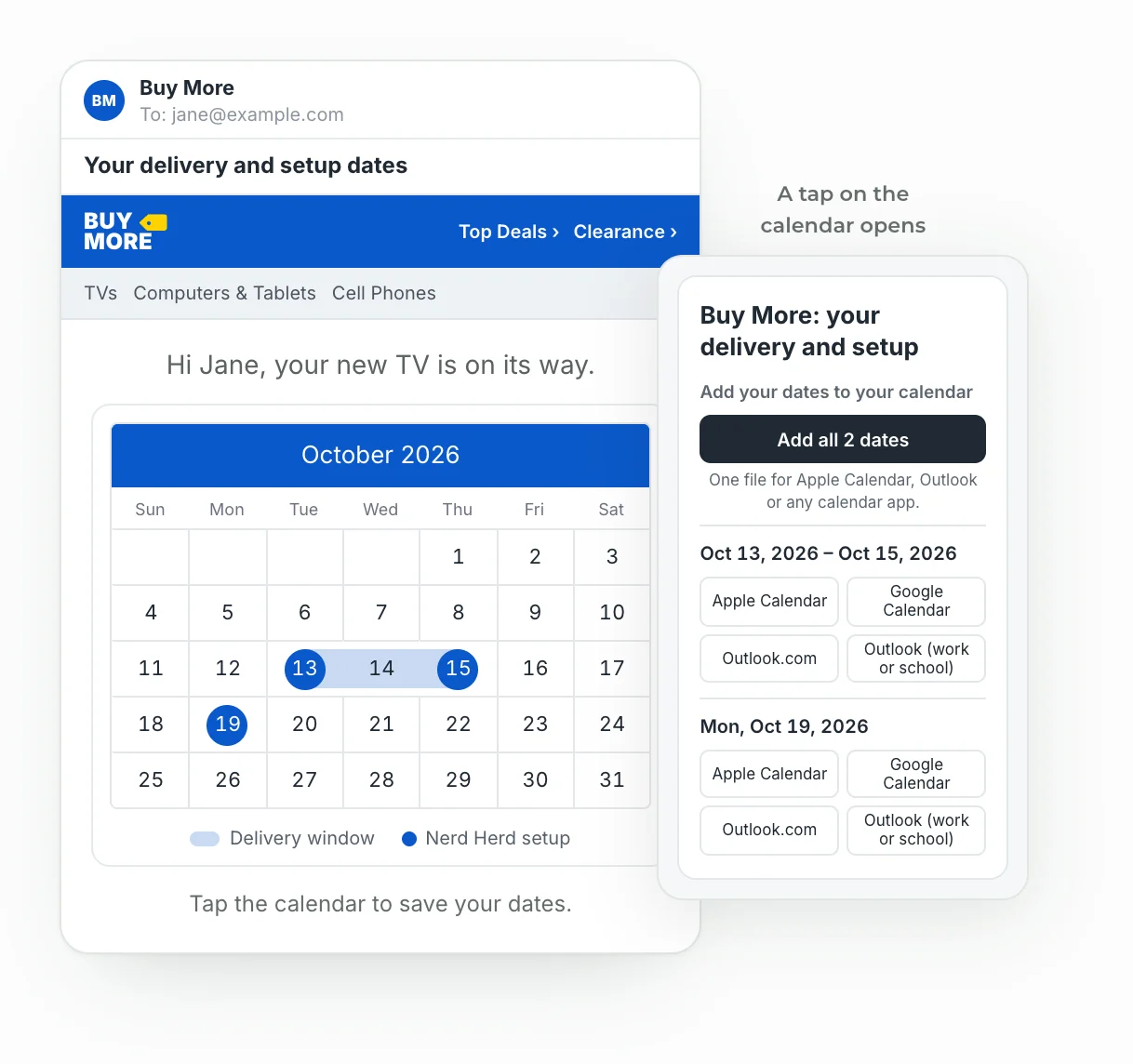 A Buy More delivery email showing Jane's October calendar with her delivery window (13 to 15) and Nerd Herd setup day (19) marked, beside the add-to-calendar page a tap opens, with Apple, Google and Outlook buttons for each date.