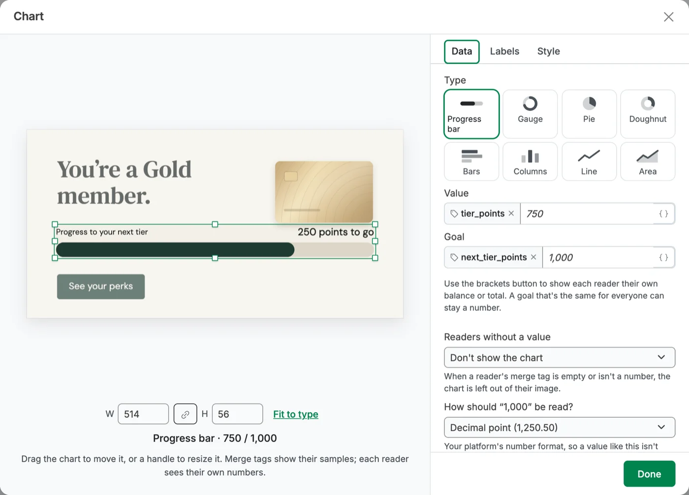 Alterable's Chart dialog on the Tier status template: a progress bar selected among eight chart types, its value and goal set to the tier_points and next_tier_points merge tags, and Readers without a value set to Don't show the chart.
