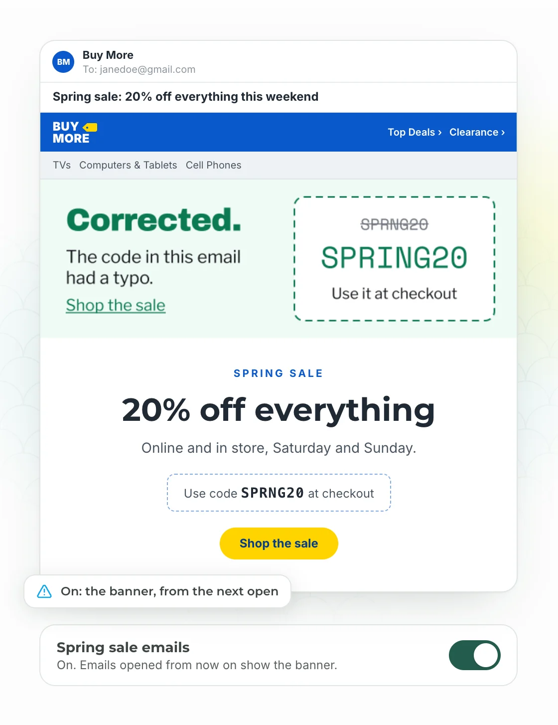 A Buy More spring sale email with an Offer correction banner switched on at the top: the code had a typo, SPRING20 is the right one. Under the email, a switch for the spring sale emails is on.