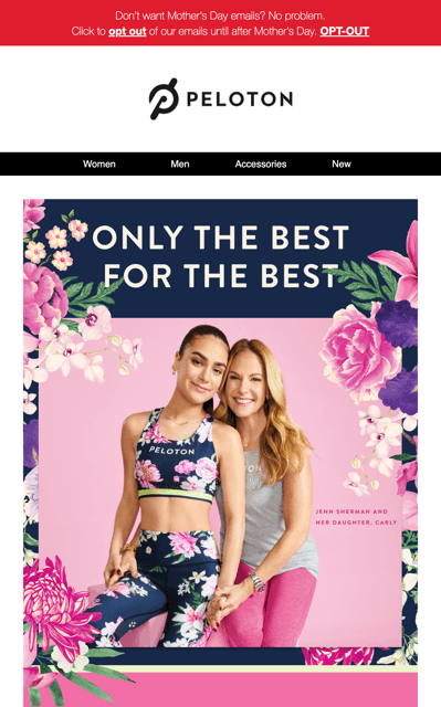Peloton mother's day email personalization example opt out