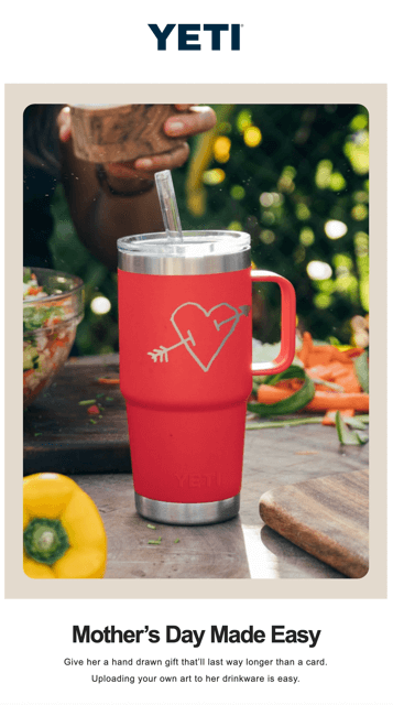 YETI Mother's Day email featuring a product with a generic gift tag, a missed opportunity to personalize with the subscriber's name