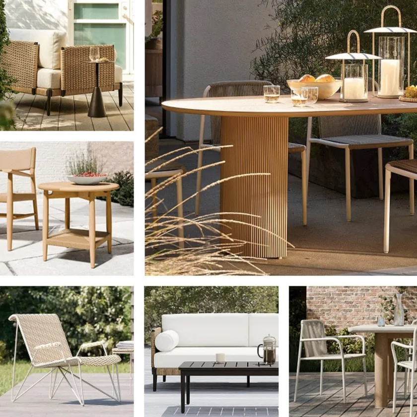 Collage of outdoor furniture, woven lounge chairs, teak dining tables, lanterns and a patio sofa