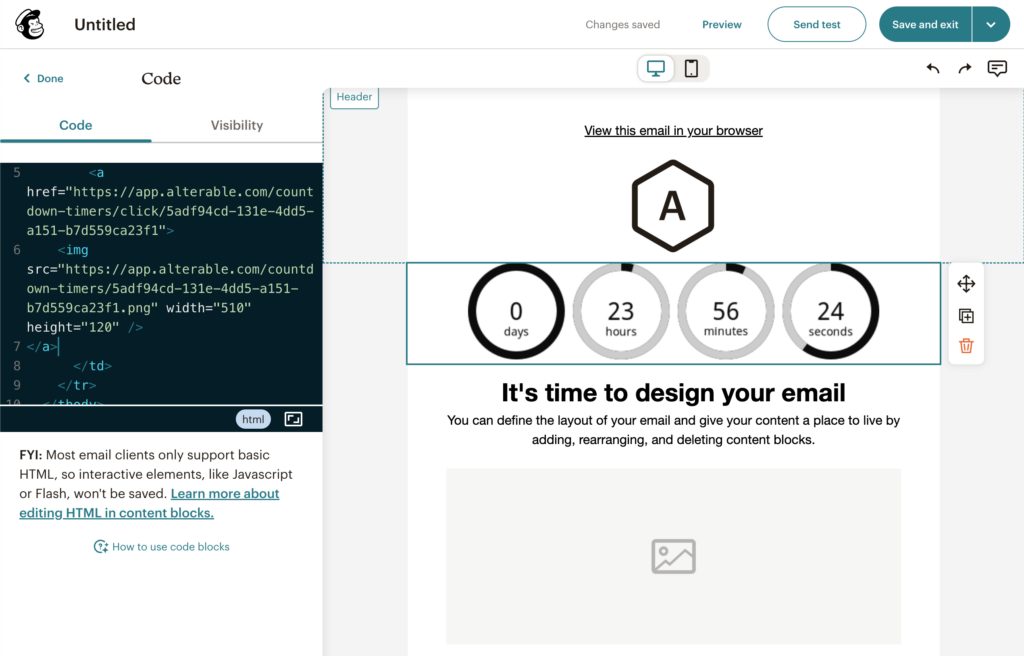 mailchimp email editor with an alterable countdown timer