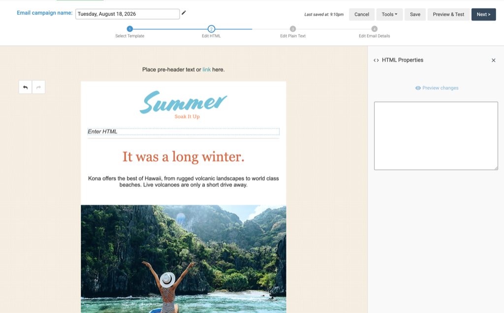 Campaigner HTML element selected, with the empty HTML Properties panel open