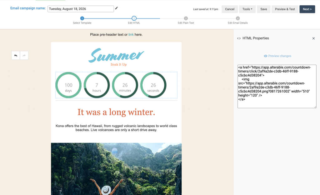 The Alterable countdown timer rendering in the Campaigner email canvas