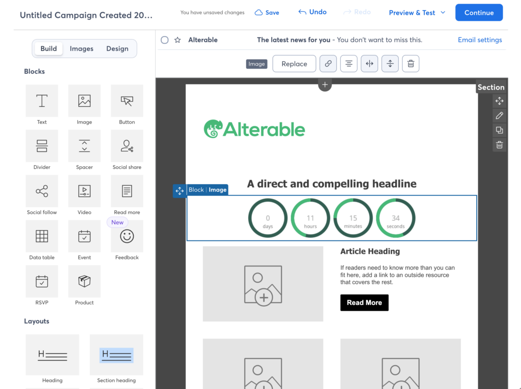 countdown timer preview in constant contact