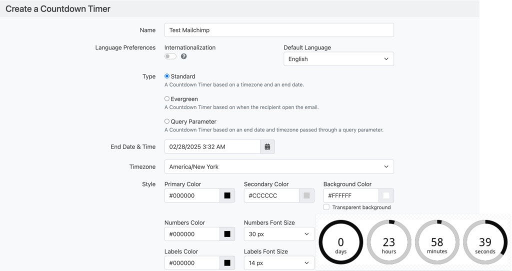 Alterable's countdown timer editor, showing standard, evergreen and query parameter timer types with style controls and a live preview