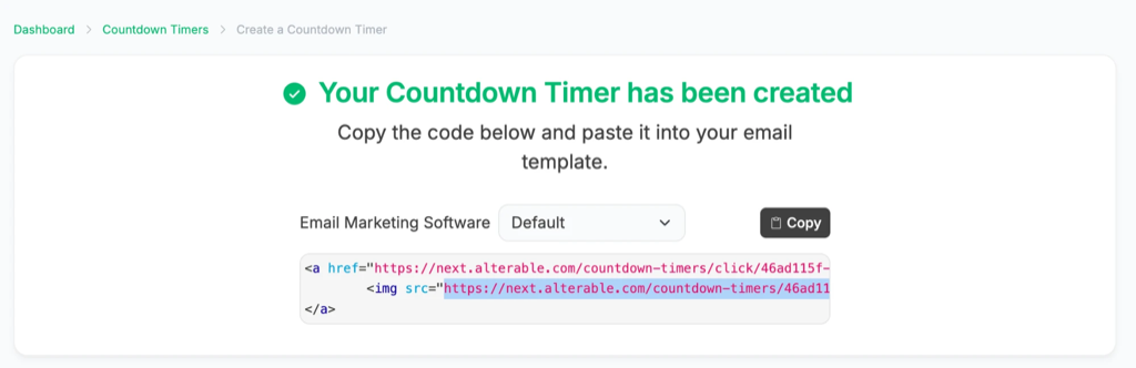 The embed code Alterable produces, with the image URL inside the img tag selected