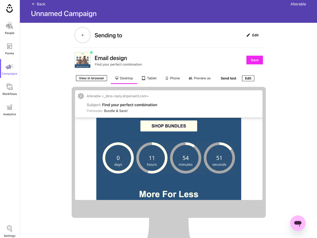 Drip's email preview with the Alterable countdown timer under the call to action
