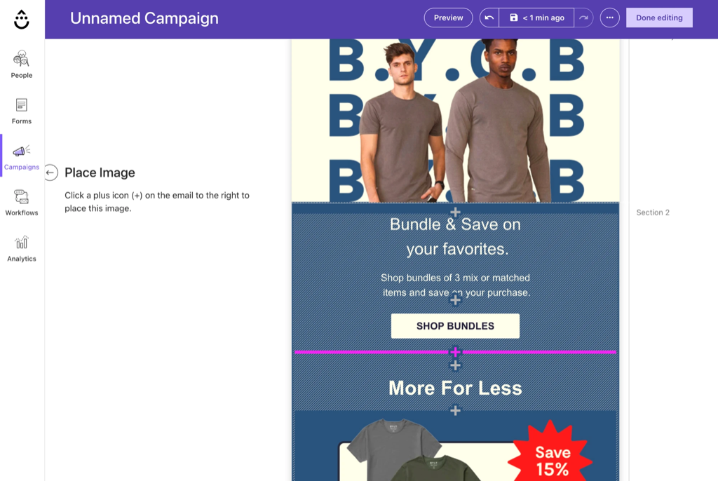 Drip's Visual Builder in Place Image mode, with plus icons marking where the image can go