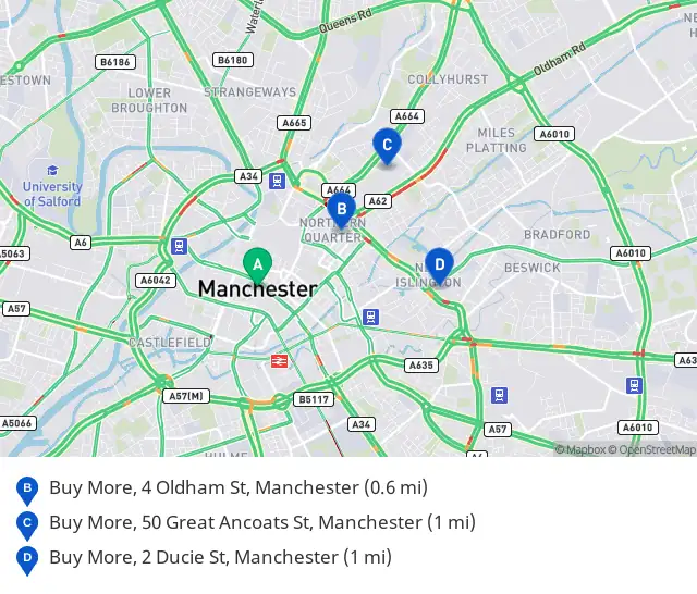 Map of central Manchester with the three nearest Buy More stores lettered B to D and their addresses and distances listed below