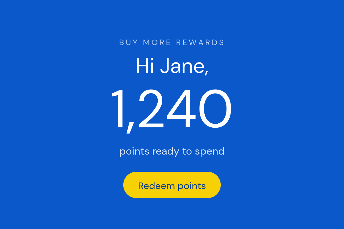 A three-slide animated GIF from Buy More. Slide one: Buy More Rewards, Hi Jane, 1,240 points ready to spend, with a Redeem points button. Slide two: picked for you, a smart mug, $89.00, Shop now. Slide three: this weekend only, 20% off everything, online and in store.