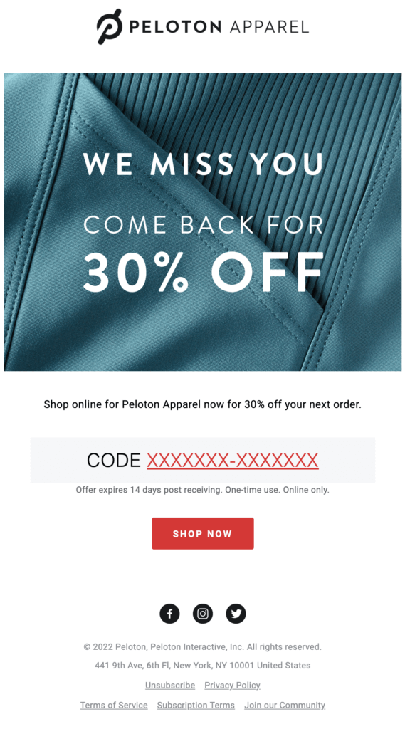peloton apparel "we miss you" re-engagement incentive email campaign