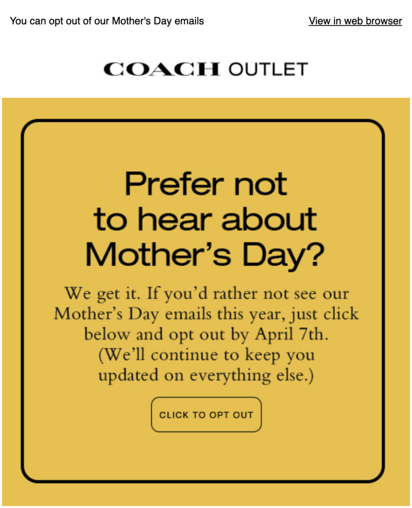 Coach Outlet mother's day email personalization example opt out