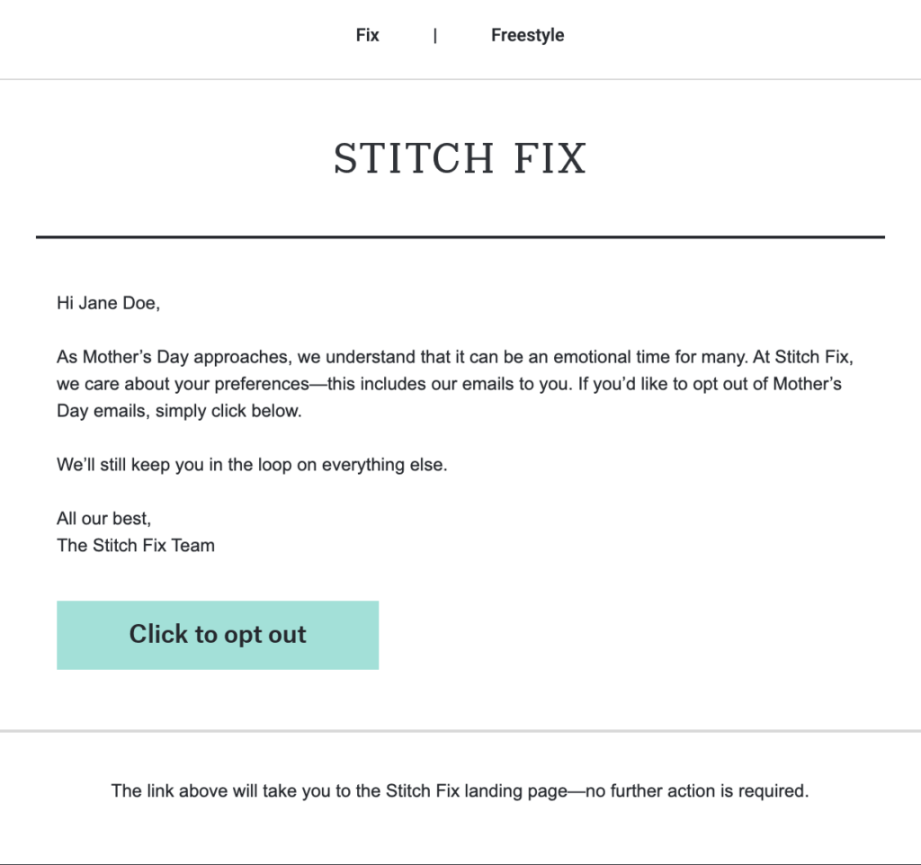 Stitch Fix mother's day email personalization example opt out