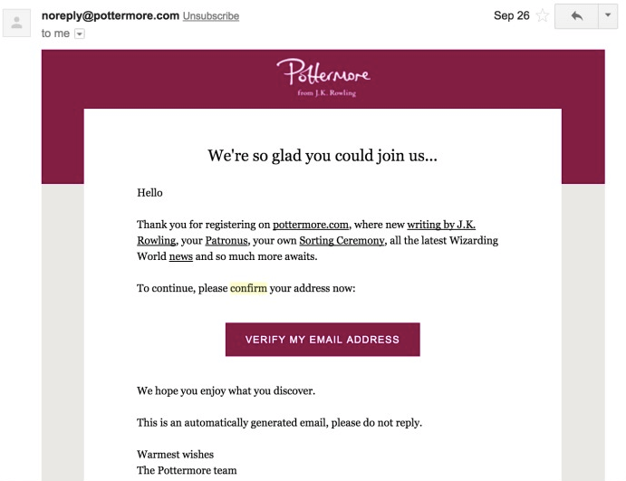An example of Confirmation Email from Pottermore.com