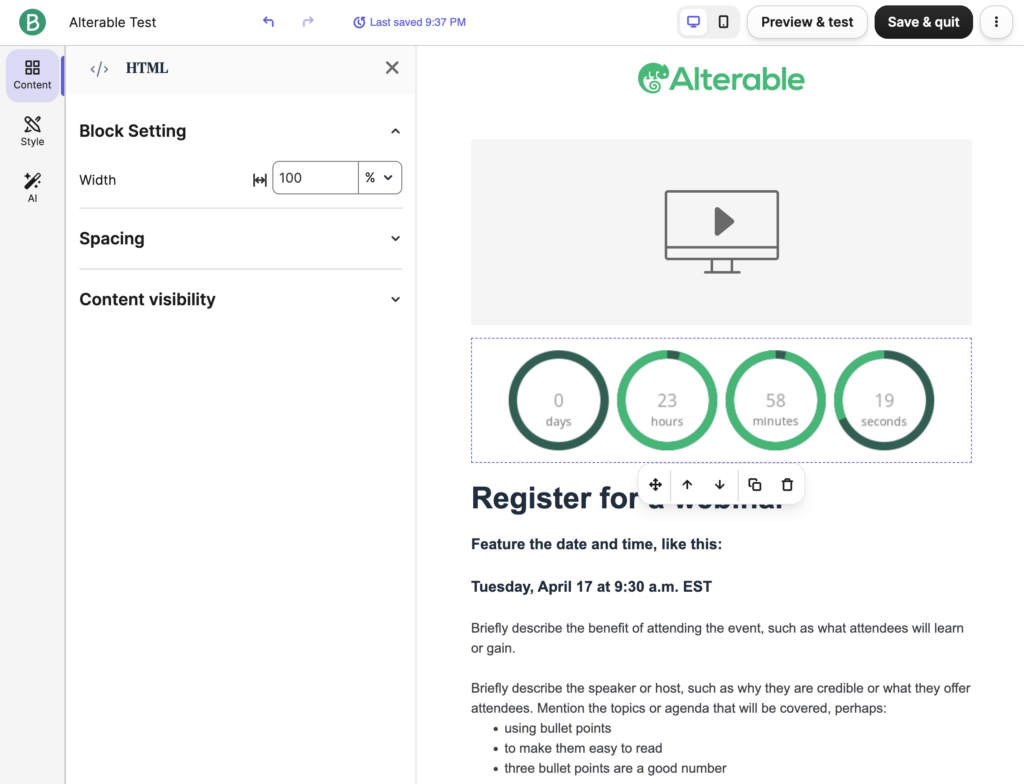 brevo template with alterable countdown timer integrated