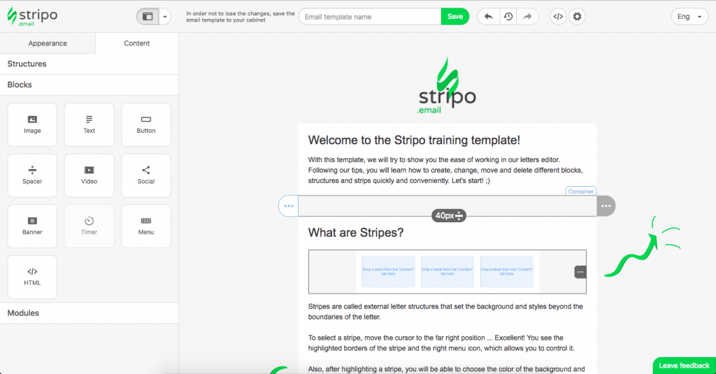 Stripo drag-and-drop editor with an email template being assembled
